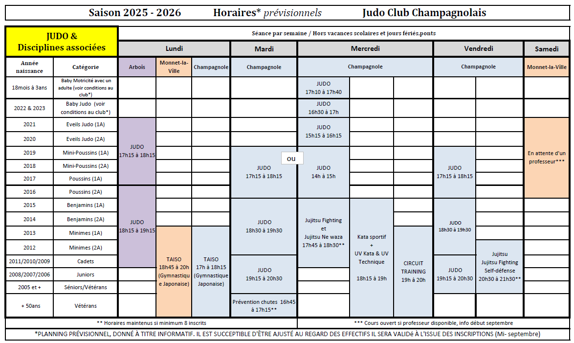 Horaires jcc 2025 2026