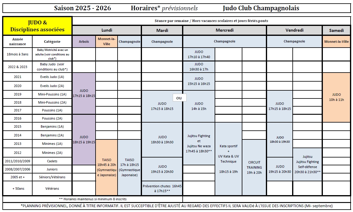 Horaires jcc 2025 2026